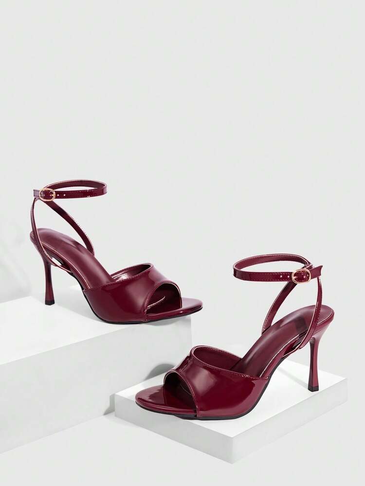 CUCCOO SZL Ladies Fashion Round Toe Burgundy Patent Leather Sexy Elegant Evening Party Style Fine Heel High Heel Sandals Prom Heels