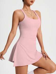 CourtClass Women's Solid Color Square Neck Camisole Style Sport Dress For Coordinated Outfits - Pink - View 7