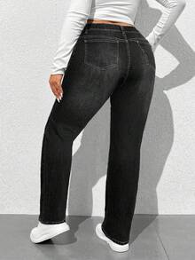 SHEIN Tall CURVE 大码秋季休闲水洗斜口袋紧身牛仔裤 - 黑色 - 查看 2