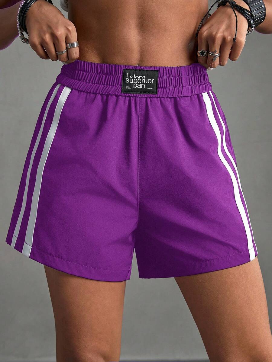 SHEIN Sports 女士弹力腰带休闲百搭日常户外运动短裤紫色运动短裤紫色短裤女士运动短裤 - 紫羅蘭色 - 查看 1