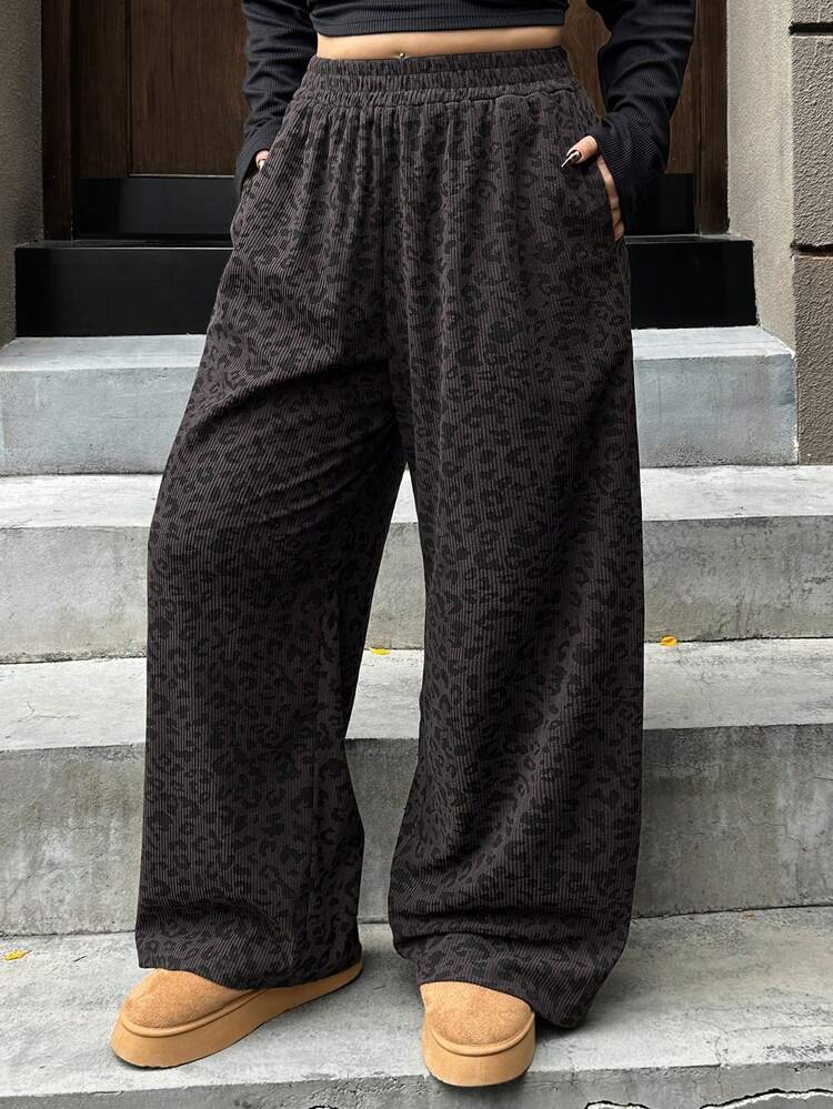 Dazy Plus Plus Size Women Elastic Waist Loose Leopard Print Straight Leg Long Corduroy Pants
