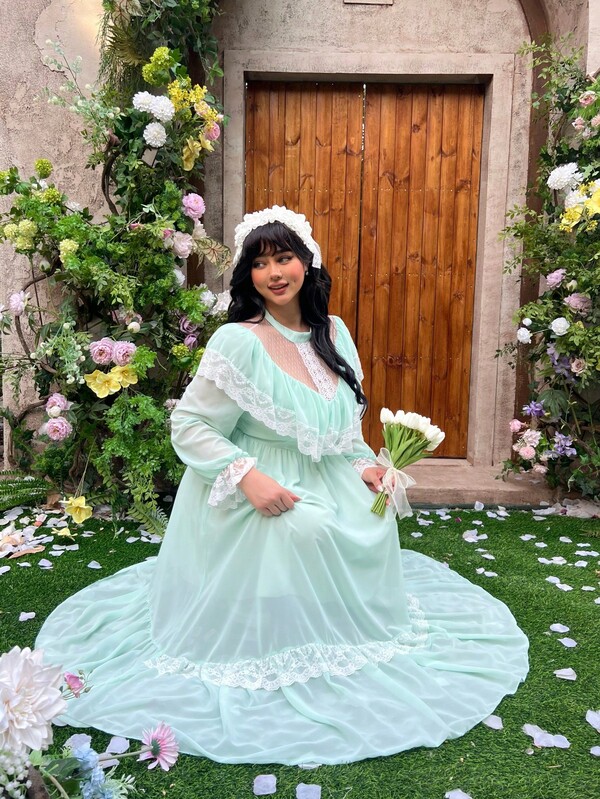 Lyrianda Spring/Fall/Winter New Vacation, Elegant French Banquet Chiffon Fabric Patchwork Polka Dot Mesh Lace Trim Puff Sleeve V-Neck A-Line Waist Flared Maxi Princess Sundress