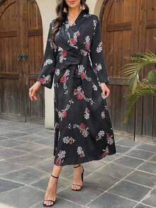 DAZY Damen Kleid mit V-Ausschnitt, tailliert, Langarm, Blumendruck, Sommerkleid für Frauen - Schwarz - Übersicht 2