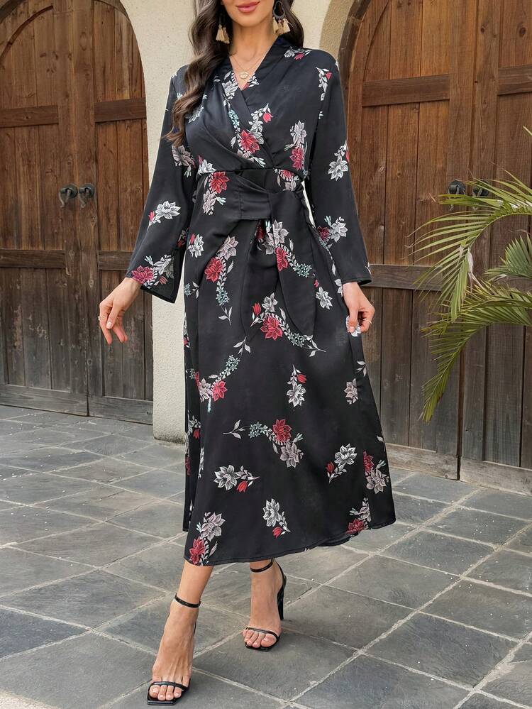 Women's Full Print V-Neck Waist Cinched Long Sleeve Dress Sundress Floral Dresses For Women