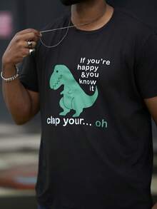 Heavens Edit 男式恐龙口号印花圆领休闲通勤 T 恤 - 黑色 - 查看 3