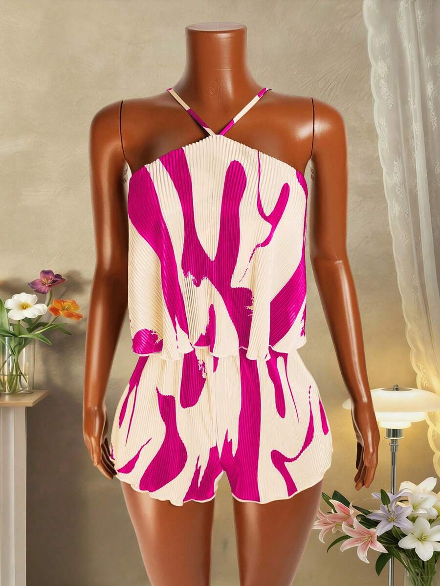 Mistrie Women's Summer Beach Vacation Style All-Over Print Pleated Halter Romper - Hot Pink - View 1