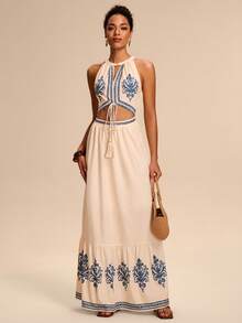 Breezaya 女士杏色底蓝色花卉印花圆领无袖收腰喇叭下摆流苏系带V领露腰休闲长裙，沙滩度假花卉图案，南非花卉图案 - 杏色 - 查看 5