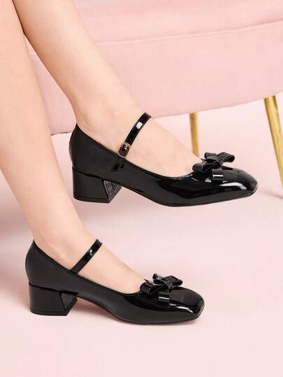 CUCCOO DOLLMOD Women's Patent Leather Mary Jane Shoes, Square Toe High Heel, Bowknot Decor, High Gloss, Commute & Date Wear, Sweet Retro Style