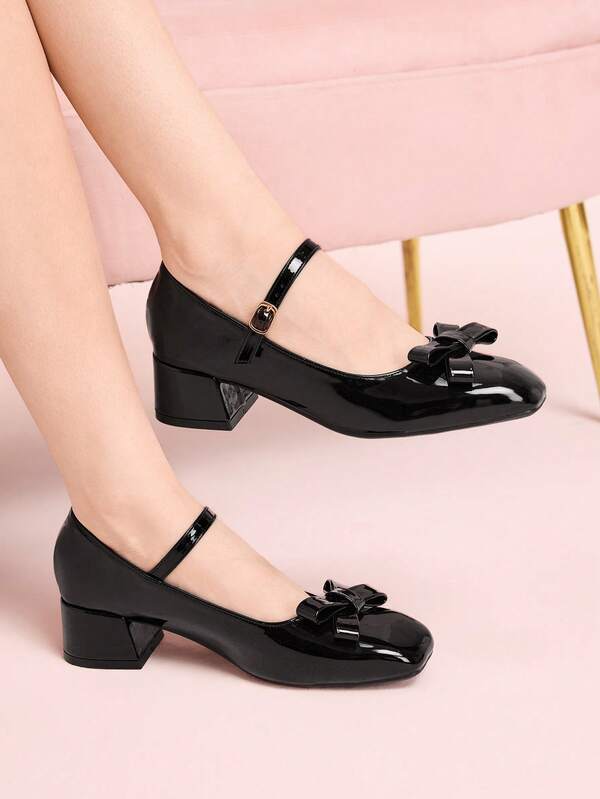 CUCCOO DOLLMOD Women's Patent Leather Mary Jane Shoes, Square Toe High Heel, Bowknot Decor, High Gloss, Commute & Date Wear, Sweet Retro Style