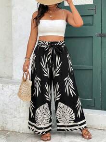 SHEIN Frenchy 大码休闲度假植物印花系带阔腿裤 - 黑色 - 查看 4