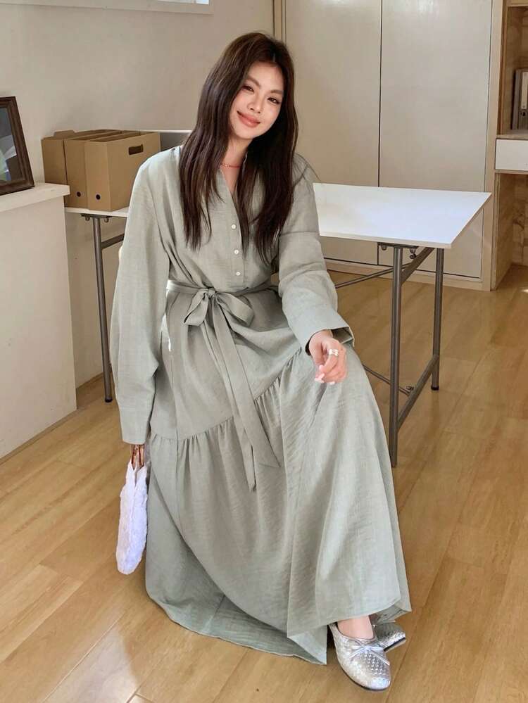 Dazy Plus Plus Size Women Solid Color Long Sleeve Button Half Placket Casual Shirt Dress Sun Dresses For Women