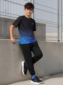 2件套青少年休闲渐变数码印花圆领T恤搭配时尚抽绳裤套装，适合日常通勤、春夏穿着。 - 黑色 - 查看 1