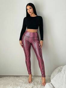 SHEIN SXY 女士鳄鱼纹高腰休闲百搭日常打底裤 - 粉色 - 查看 4