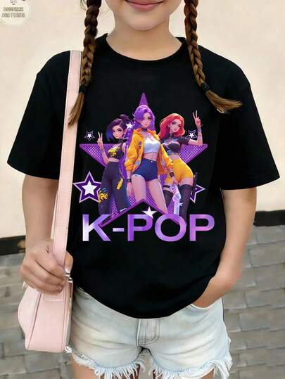 年轻女孩黑色圆领短袖印花T恤，休闲舒适时尚简约卡通创意趣味名人动漫韩流女孩字母印花图案T恤