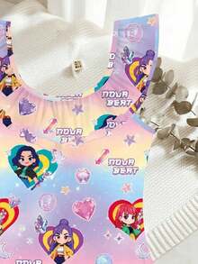 Sparklyn Young Girl Gradient Color Heart & Letter Print Cartoon Character Beach Vacation One-Piece Swimsuit, Summer - Purple - View 4