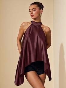 SHEIN BAE 橄榄绿缎面露背吊带宽松长裙，性感A字上衣，适合春夏度假、海滩、优雅婚礼宾客、假日、秋冬晚间场合。 - 紫紅色 - 查看 3