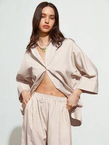 GENKIRA Women's Casual Striped Loose Shirt And High Waist Wide Leg Pants 2 Pieces Set - Apricot - View 6