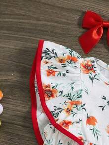 SHEIN Babygirl Summer Vacation Knit Floral Print Ruffle Trim Top And Elastic Waist Pants Set - Red - View 7