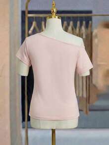 Lyxana T-shirt moulant à manches courtes, col asymétrique, une épaule, couleur unie, convient pour les sorties et les rendez-vous, printemps/été - Rose bonbon - Voir 2