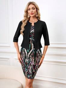 SHEIN Clasi 2pcs/Set Women's Sequin Party Dress And Fitted Short Sleeve Jacket,Summer Clothes,Summer Outfit For Women - Multicolor - View 7