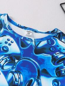 2pcs/Set Teenage Boys' Video Game Headphone Print Casual Round Neck Short Sleeve T-Shirt And Shorts Pajama Set - Multicolor - View 6