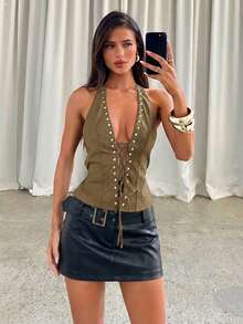 Aloruh 女士时尚性感露背交叉绑带吊带衫 - 卡其色 - 查看 6