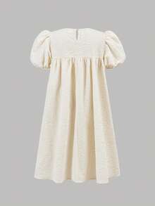Firerie Kids Tween Girl Elegant Commuter Champagne Jacquard Cute Puff Sleeve Round Neck Black Bow Tie Babydoll A-Line Dress, Spring/Summer - Champagne - View 4