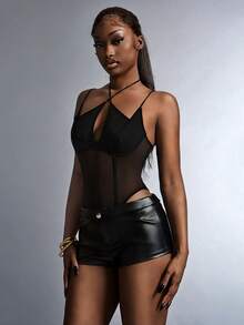 Amplova Women's Hollow Out Sheer Criss-Cross Bodysuit, Sexy & Avant-Garde, Suitable For Party Outfits - Black - View 4