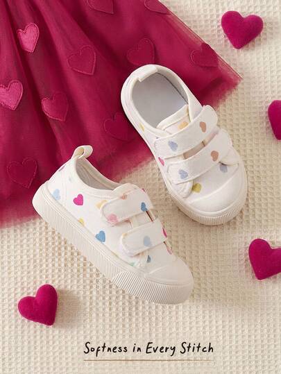 Cozy Pixies 1 Pair Of Girls Beige Fashion Cute Sports Shoes Double Hook And Loop Buckle Color Love Printing Round Toe Design Comfortable And Light Casual Students Suitable For Daily Wear And Vacation With Spring, Summer And Autumn.