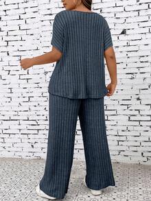 EMERY ROSE Women Royal Blue Rib-Knit Two-Piece Outfit Casual Batwing Short Sleeve Top And Long Pants Set - Royal Blue - View 2