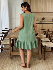 Weeklong Plus Size Women's Asymmetrical Collar Buttoned Textured Fabric Ruffle Hem A-Line Short Sleeveless Dress, Casual Summer Holiday - Green - View 2