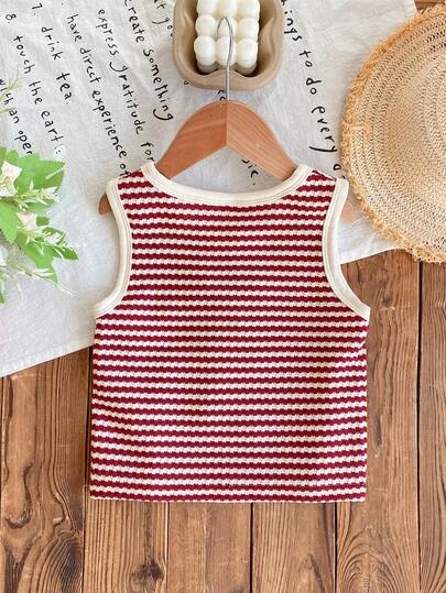 SHEIN Áo tank top cổ tròn kẻ sọc trang trí nơ cho bé gái, áo thun mùa hè mềm mại, áo sơ mi, quần short mùa hè, áo tank top, áo ống, áo corset, áo lót corset, áo trắng, áo đi nghỉ mát, áo dễ thương, áo vest dệt kim kẻ sọc đỏ có nơ cho trẻ em, áo vest dệt kim đỏ trắng cho trẻ em, áo vest đỏ cho trẻ em