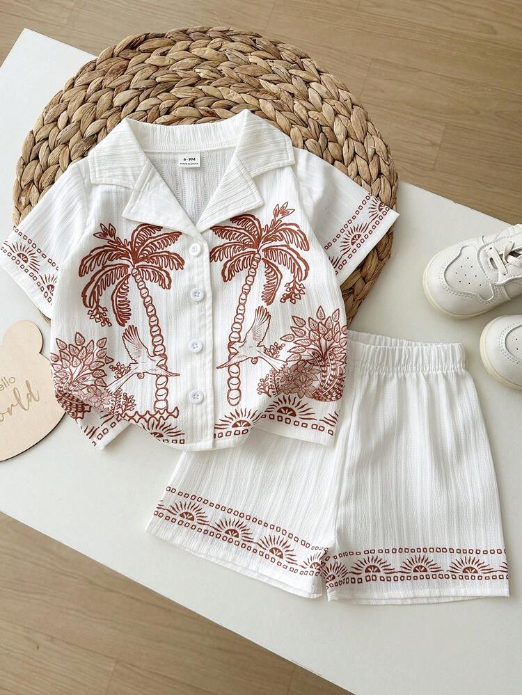 Playful Pals Baby Boy Geometric Pattern Patchwork Collar Short Sleeve Shirt And Shorts Set - White - View 7