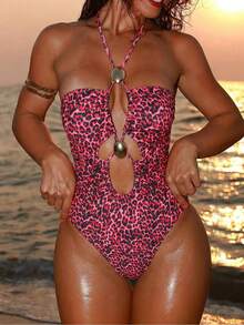 Swim SXY 女士连体泳衣，豹纹交叉露背比基尼，性感欧美风泳装 - 玫紅色 - 查看 1