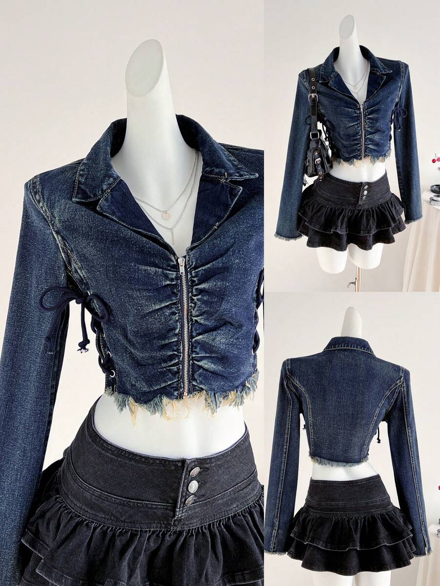 Elamini 女士短款牛仔夹克，带交叉绑带 - 藍色 - 查看 1