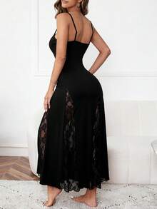 Slumberist Camisón largo de pijama con inserto de encaje - Negro - Ver 2