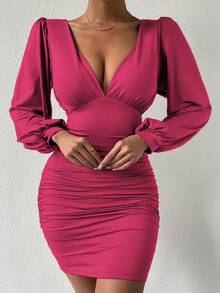 SHEIN Allurite 女士纯色极简深V领长袖休闲连衣裙 - 玫紅色 - 查看 6