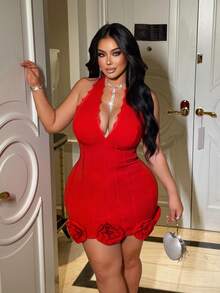 NU&NOW 女士时尚性感3D立体花卉装饰露背吊带迷你连衣裙 - 紅色 - 查看 5