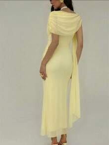 Aloruh 女士纯色荷叶边系带设计优雅束腰连衣裙，适合派对穿着 - 淡黃色 - 查看 7