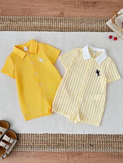 SHEIN 2pcs/Set Newborn Unisex Baby Boy/Girl Cute Yellow Striped Short Sleeve Romper Outfit, Spring/Summer Baby Clothes