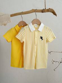 SHEIN 2件套男婴可爱黄色条纹短袖连体衣套装，春夏婴儿服装，黄色婴儿连体衣，夏季婴儿服装 - 黃色 - 查看 4