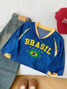 SHEIN EZwear Áo croptop nữ mùa hè tay ngắn cổ chữ V in chữ phối màu tương phản, áo len dệt kim tay raglan, phù hợp cho người hâm mộ thể thao, trang phục cổ vũ đội tuyển, tham dự sự kiện thể thao, áo thun thể thao sọc vàng xanh, áo croptop nữ phối đồ thể thao Brazil. - Nhiều màu - Xem 6