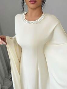 Rafferiza Vestido largo de mujer color albaricoque con cuello redondo decorado con perlas, mangas de murciélago conservadoras, adecuado para fiestas, festivales y banquetes - Albaricoque - Ver 4