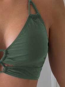 Swim Basics Women's Summer Beach Solid Color Halter Tie Sexy Bikini Top - Army Green - View 4