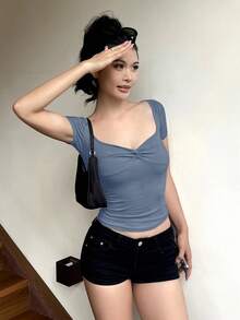 DAZY Women's Solid Color Ruched Twist Crew Neck Short Sleeve Fitted T-Shirt Summer - Blue - View 4