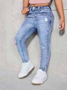 Young Girl' Blue Denim Ripped Skinny Jeans - Light Wash - View 4