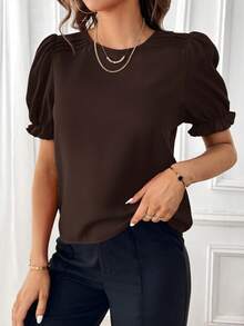 SHEIN Essnce Kemeja Lengan Pendek Wanita Warna Polos Kerah Bulat Kasual Serbaguna untuk Berpergian - Coffee Brown - View 5