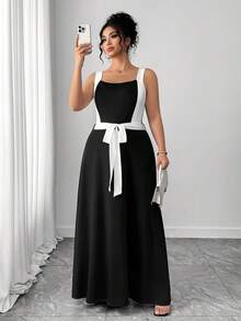 Elenzga Plus Size Women's New Elegant Contrast Color Square Neck Bodycon Jumpsuit, Suitable For Work And Everyday Wear Black Dress With White Trim Black And White Dress Women Elegant Long Black And White Dress - Multicolor - View 4
