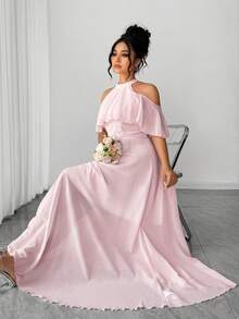 Elenzga Pink Woven Fabric Halter Neck Cold Shoulder Flared Long Dress With Zipper Details - Pink - View 3