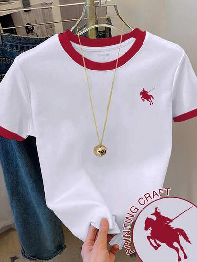 Franclia Camiseta casual de mujer de cuello redondo, de manga corta, con estampado de caballero y bloques de color